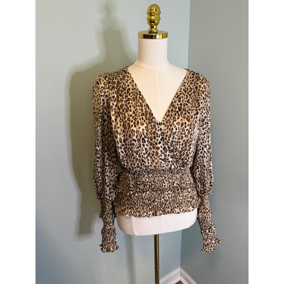 DO+BE Tops - DO+BE Leopard Print Smocked Waist V-Neck Wrap Blouse Brown Tan Large